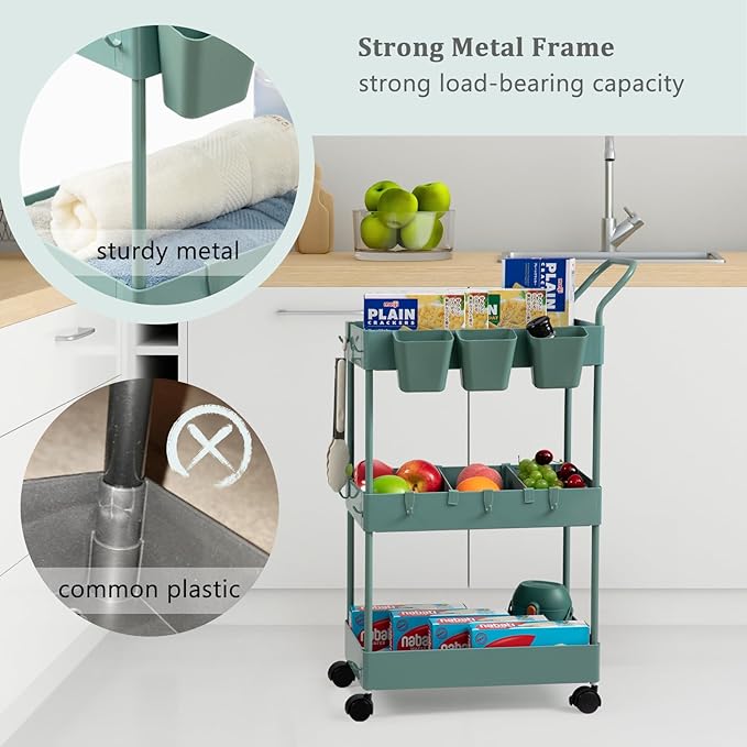 danpinera Storage Cart on Wheels, 3 Tier Bathroom Cart Organizer Slim Laundry Narrow Shelf with Wheels Dividers Hanging Cups Hooks Handle Easy Assembly, Green