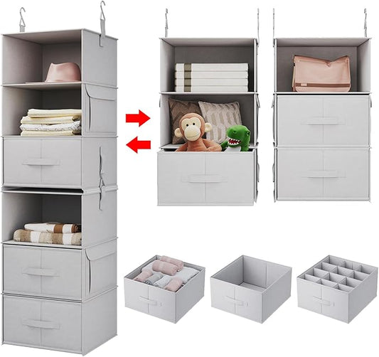 Vailando 6-Shelf Hanging Closet Organizer, 2 Separable 3-Shelf Hanging Shelves with 3 Drawers for Wardrobe, Nursery, Baby Clothes Organization and Storage-NeatNest