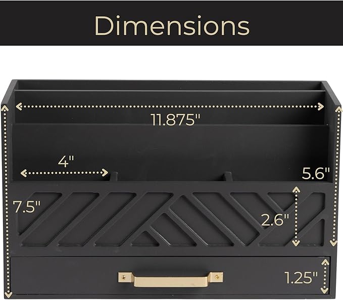 BLU MONACO Grey Wooden Desk Organizer with Drawer and Gold Handle – Perfect Desk Accessories for Home Office Organization – Desktop Mail Storage for Office Supplies-NeatNest