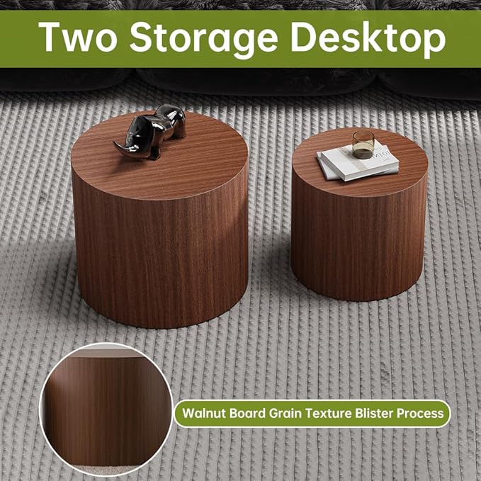 Round Nesting Coffee Table Modern Walnut Fluted Coffee Table Set of 2 Stripe Brown Round Coffee Tables Circle Drum Coffee Tables Side Table Accent End Table for Living Room (Dark Wood)