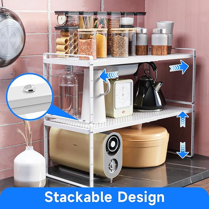 Expandable Cabinet Shelf Organizers, Kitchen Small Stand Rack Organization for Countertop Cupborad Pantry, White 2 Pack-NeatNest