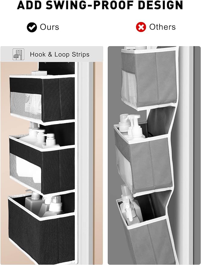 Yecaye 6-Tier Over The Door Storage Organizer, Flexible 1 Split into 2 Swing-Proof Hanging Bathroom Organizer, Bedroom Organizers and Storage for Newborn Baby Essentials, Black-NeatNest