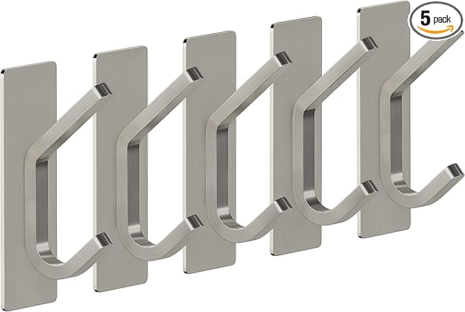 Brushed Nickel Self Adhesive Towel Hooks for Bathroom Wall Door Mounted - SUS304 Stainless Steel Strong Strips Stick on 3M Wall Hooks for Hanging Coat, Hat, Bag, Key, Jacket – 5 Pack-NeatNest
