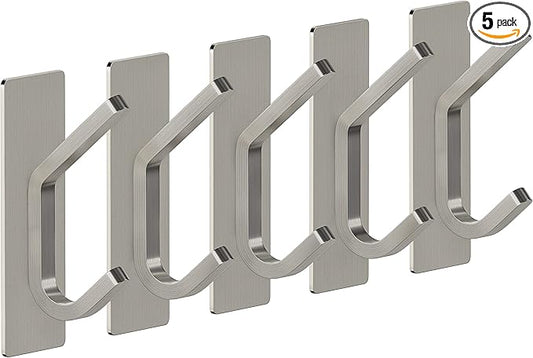 Brushed Nickel Self Adhesive Towel Hooks for Bathroom Wall Door Mounted - SUS304 Stainless Steel Strong Strips Stick on 3M Wall Hooks for Hanging Coat, Hat, Bag, Key, Jacket – 5 Pack-NeatNest