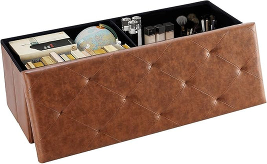 DUMOS Foldable Storage Ottoman Bench 43in, Foot Rest Stool, Synthetic Leather Storage Chest with Thicker Foam Padded Seat for Entryway Living Room, Modern Brown