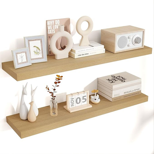 Floating Shelves for Wall, 36"W x 7.8"D x 1.5"H, 2 Pack of Long Wall Mounted Engineered Wood Shelves with Invisible Brackets for Living Room, Bedroom, Bathroom, Kitchen Decor and Storage, Oak-NeatNest