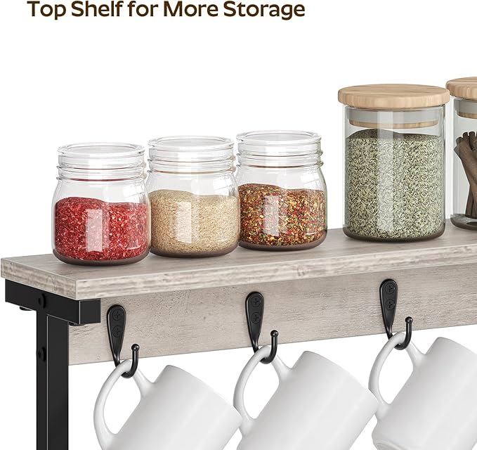 Coffee Mug Holder for Counter, 2 Tier Mug Tree Rack, with 8 Hook and 2 Open Shelves, Vintage Mug Holder Stand for Home Kitchen, Greige MH43BG-NeatNest