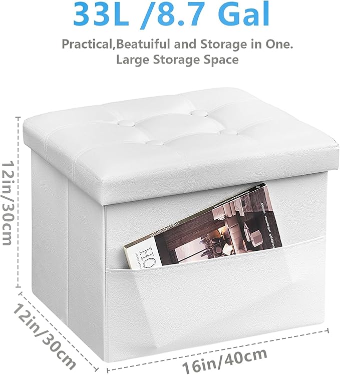 AmasSmile White Storage Ottoman Folding Foot Rest Stool with Side Pocket, 16 inch Leather Footstool Bench, Short Ottoman Bench, Storage Foot Rest Store, Books-NeatNest