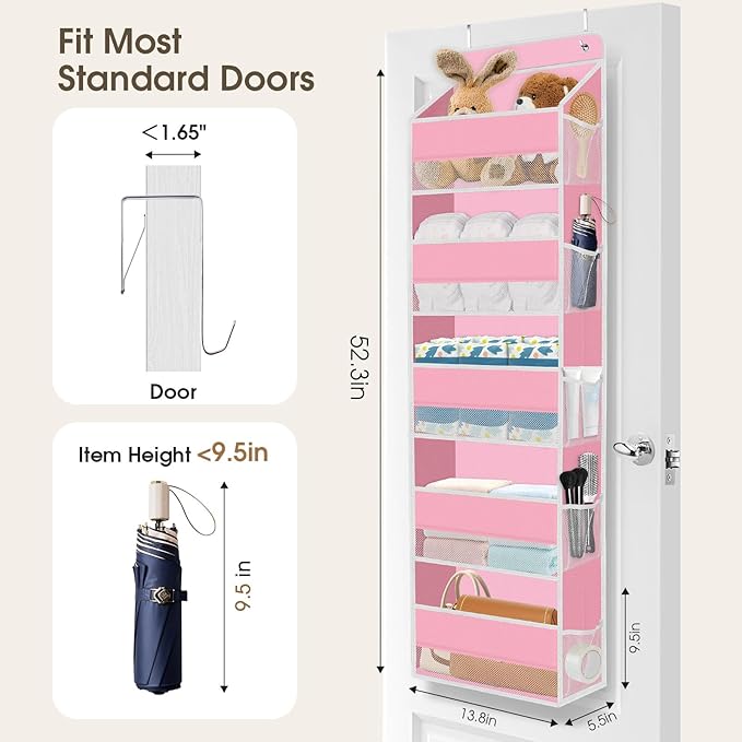 2 Pack Over The Door Organizer Hanging Storage Organizers with Clear Window 40lb Large Capacity Room Organizer for Pantry Laundry Bathroom Nursery Closet(Pink)-NeatNest