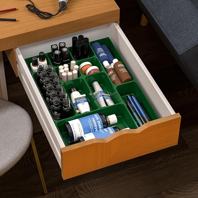 60 Pcs Plastic Drawer Organizer Set,5 Size Small Storage Containers for Organizing Jewelry,Utensil,Junk,Tea,Makeup,Shallow Drawer Organizers Tray Suitable for Office,Desk,Bathroom,Vanity,Kitchen,Green-NeatNest