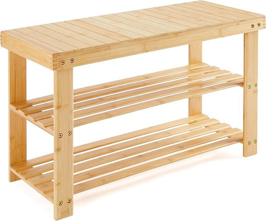 Simple Deluxe Shoe Rack Bench, 3-Tier Bamboo Storage Organizer, 286lb Capacity Entryway Bench for Front Door, Bedroom, Living Room, Bathroom, Balcony, Stylish Shoes Wood (11.3 x 27.6 x 17.8 Inches)