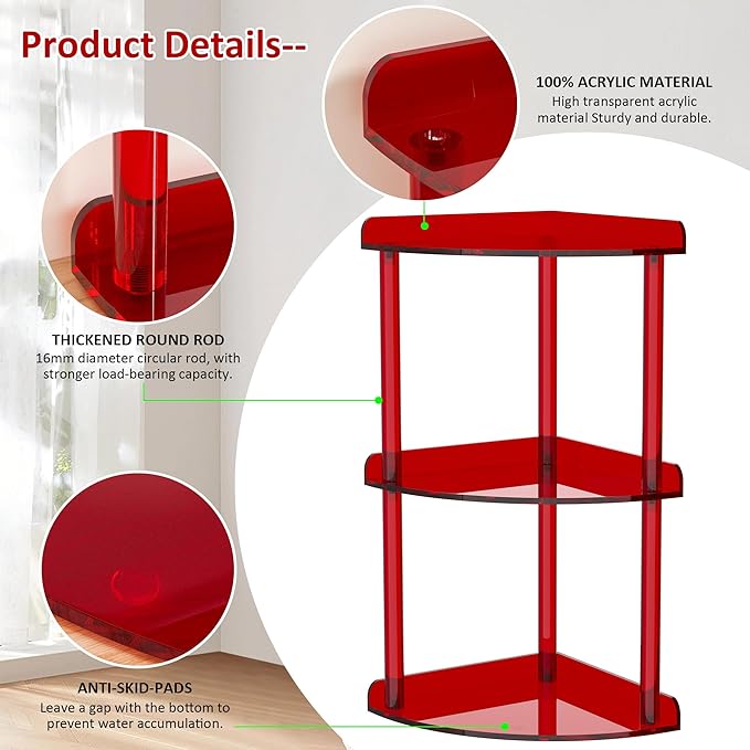 3 Tier Countertop Corner Organizer Shelf 7x7x15.7 Inch, Red Countertop Acrylic Bathroom Corner Shelf, Vanity Storage Organizer for Cosmetics, Toiletries-NeatNest