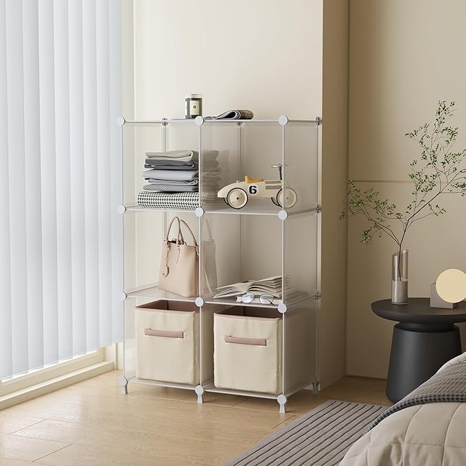 AWTATOS Cube Storage Organizer, Closet Organizers and Storage, 6 Cube Shelves Bookshelf, DIY Stackable Plastic Clothes Organizer Shelving for Bedroom, Home, Transparent Twill