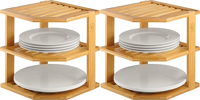 2-Pack Plate Organizer for Cabinet - Bamboo Corner Shelf for Kitchen or Bathroom Storage, Space-Saving Rack for Dishes, Countertop, Cabinet, Pantry - Organization & Housewarming Gift-NeatNest