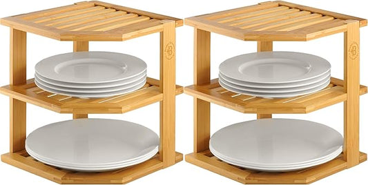 2-Pack Plate Organizer for Cabinet - Bamboo Corner Shelf for Kitchen or Bathroom Storage, Space-Saving Rack for Dishes, Countertop, Cabinet, Pantry - Organization & Housewarming Gift-NeatNest