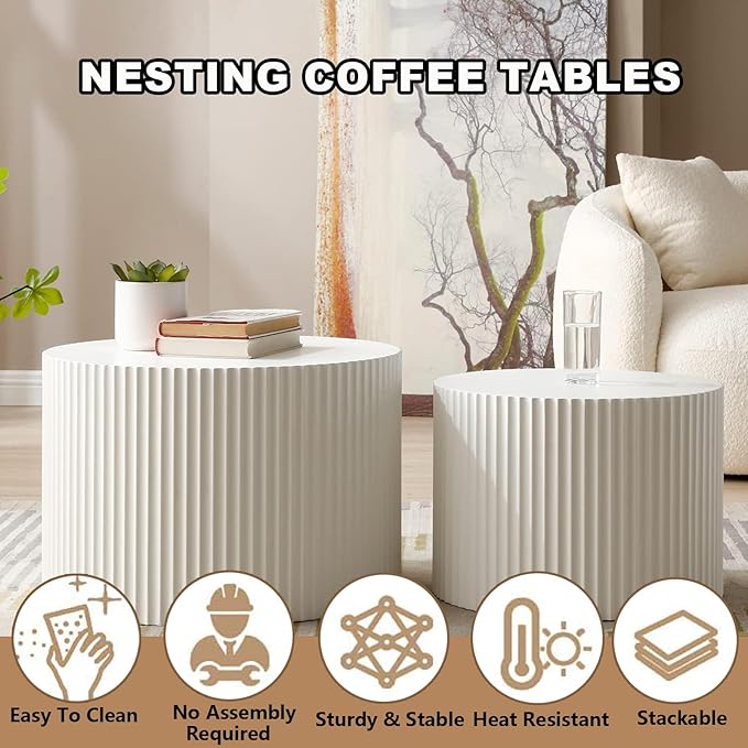 Round Nesting Coffee Table Set of 2, Modern Coffee and End Table Set Small Circle Wooden Drum Side Table Accent End Tables for Living Room Office, No Assembly,Cream Small