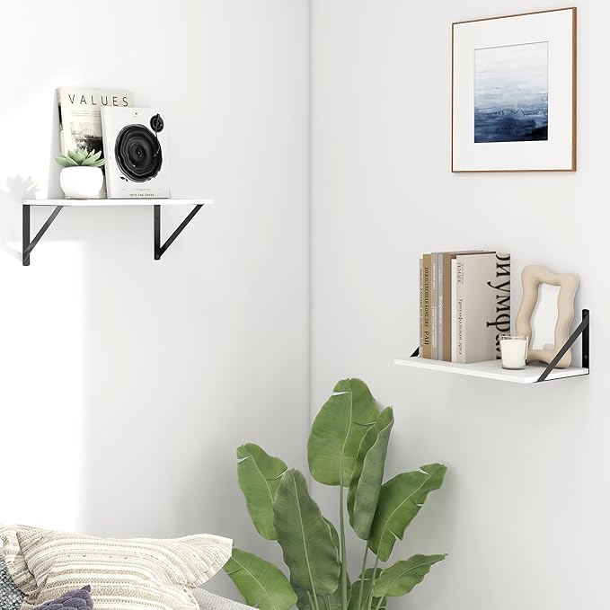 Fun Memories Deep Floating Shelves for Wall, 16W x 8D Wall Mounted Shelves Set of 2, Wide Display Ledge Shelf with Sturdy Metal Brackets for Living Room, Bathroom, Bedroom and Kitchen, White-NeatNest