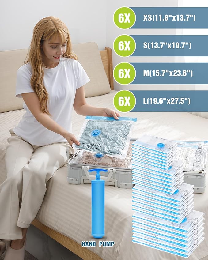 Travel Vacuum Storage Bags with Hand Pump, 24 Pack (6L+6M+6S+6XS) Vacuum Seal Bag Travel Essentials Space Saving Bags for Clothes, Luggage, Carry-on Suitcase, Backpack, Holiday Business Trip-NeatNest
