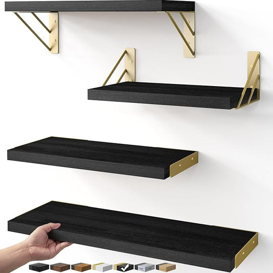 BAYKA Floating Shelves for Bedroom Decor, Wall Shelves for Storage, Wall Mounted Rustic Wood Floating Shelf for Books,Corner Shelf for Bathroom,Kitchen,Living Room(Black and Gold，Set of 4)-NeatNest