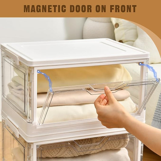 Collapsible Plastic Storage Bins with WheelsClear Stackable Storage Bins with Lid Stackable Storage Bins with Open Door Folding Storage Bins Organizer for Closet Bedroom Living Room-NeatNest