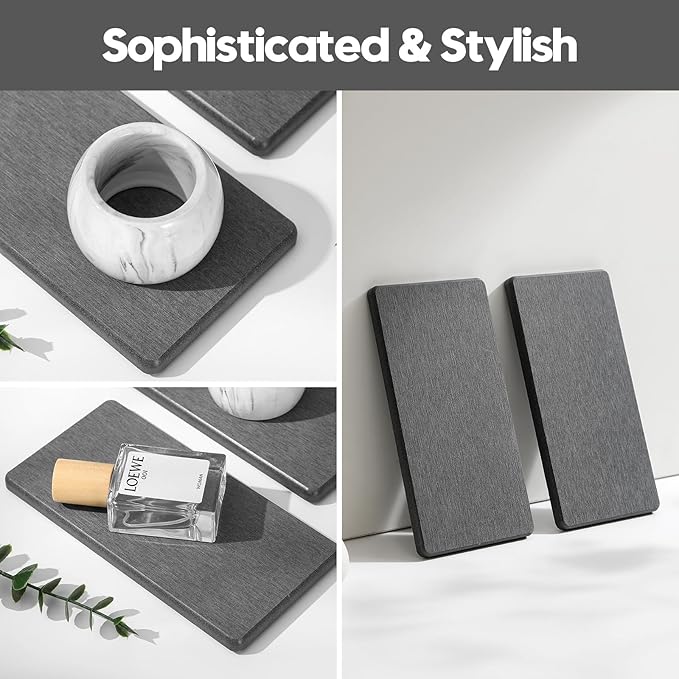 2PCS 7" x 3.5" Water Absorbing Bathroom Sink Vanity Trays, Diatomite Stone Quick Drying Mat for Kitchen Counter, Dish Rack Dispensers Sponge Holder Caddy Organizer, Dark Gray, 7"x3.5"-NeatNest
