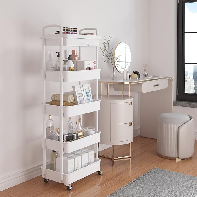 Calmootey 5-Tier Rolling Utility Cart with Drawer,Multifunctional Storage Organizer with Plastic Shelf & Metal Wheels,Storage Cart for Kitchen,Bathroom,Living Room,Office,White-NeatNest