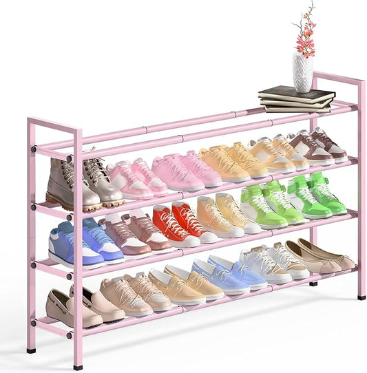 Bumusty 4-Tier Long Expandable Shoe Rack for Closet, 18"-44" Adjustable Shoe Rack for Entryway, 20-24Pairs Large Shoe Organizer Shelf Storage, Sturdy Metal, Black-NeatNest