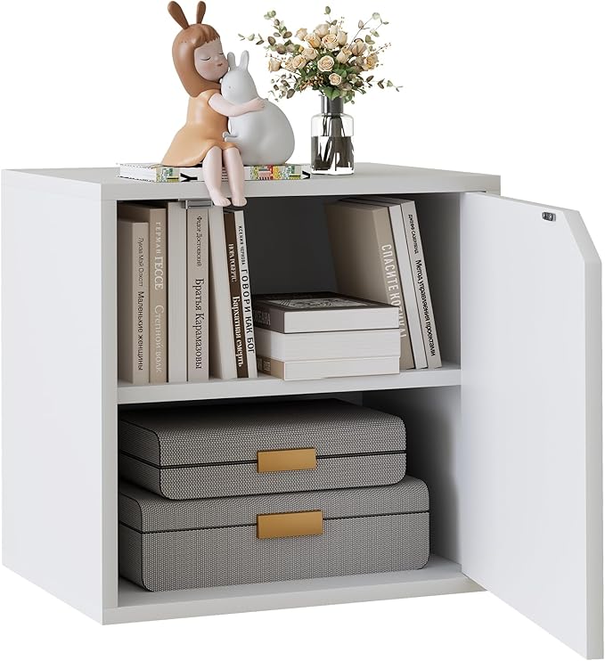 Garden 4 You Cube Storage Organizer Shelf, 2-Tier Stackable Bookshelf with Door, Wooden Display Bookcase, Small Storage Cabinet for Living Room & Bedroom, White-NeatNest