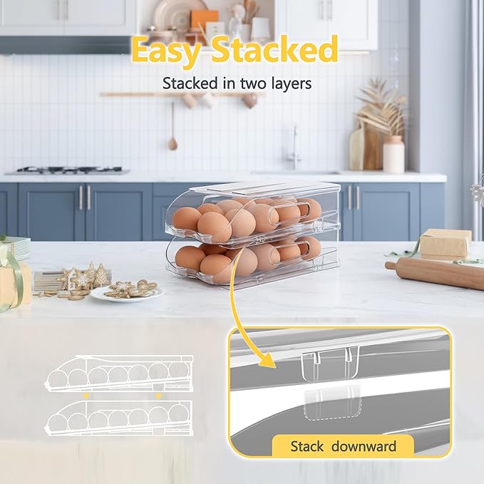 Egg Holder for Fridge, Automatic Steady Rolling Egg Container with Soft Bumpers & Handle for Refrigerator, Stackable Fridge Organizers and Storage with Lid