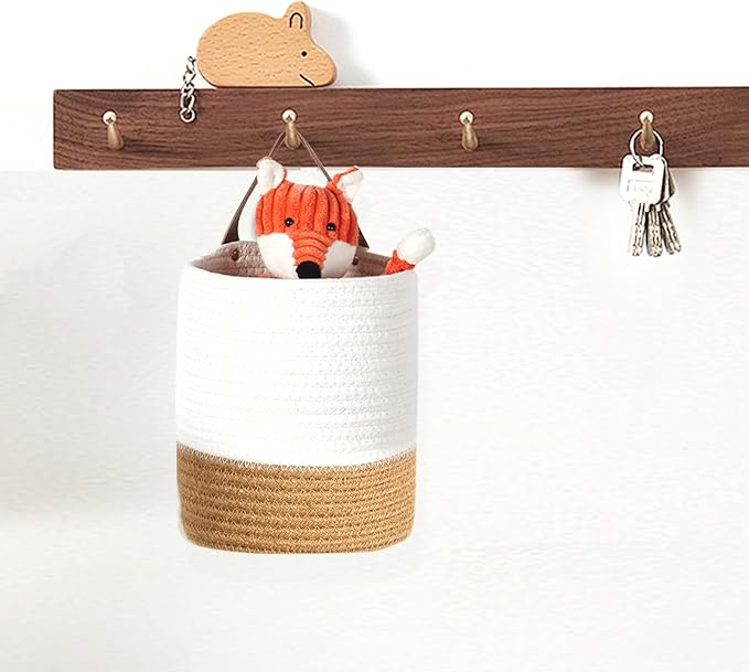 DULLEMELO Small Hanging Basket with Handle Set of 2 Hanging Wall Baskets, Wall Hanging Baskets for Organizing Wall Plants, Key, Sunglasses Small Woven Basket,White&Brown-NeatNest