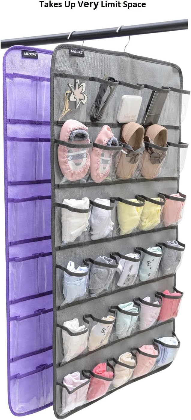 Hanging Baby Shoes Organizer Baby Headband Holder Closet Organizer for Baby Bow Socks Underwear with 30 Clear Pockets (GREY)-NeatNest