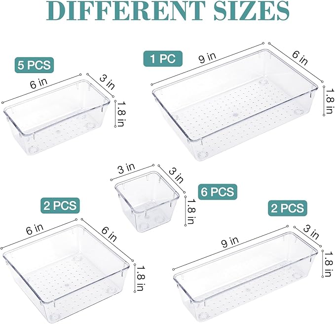 16 PCS Drawer Organizer Set, 5 Varied Size Bathroom and kitchen Drawer cabinet organizer Trays, Clear Storage Bins for Makeup, Jewelry, Utensils and Gadgets-NeatNest