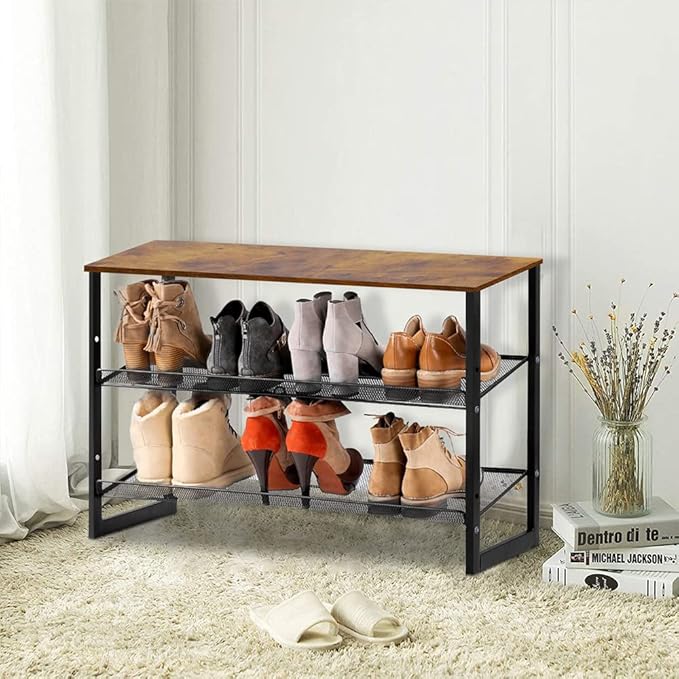 Garden 4 you 3-Tier Tilting Adjustable Freestanding Shoe Rack 6-Pairs 25.2 in Length for Durability and Stability for Entryways, Hallways, Closets, Dormitory Rooms, and Industries，Brown-NeatNest