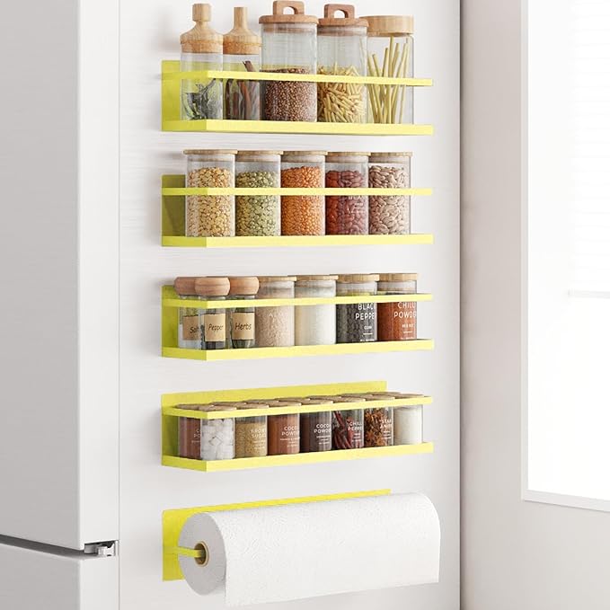 Magnetic Spice Rack For Refrigerator Magnetic Fridge Shelf For Kitchen Spice Organizer Magnetic Shelf For Fridge Space Saving Yellow 4 Pack With Magnetic Paper Towel Holder
