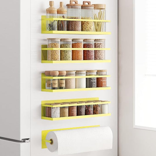 Magnetic Spice Rack For Refrigerator Magnetic Fridge Shelf For Kitchen Spice Organizer Magnetic Shelf For Fridge Space Saving Yellow 4 Pack With Magnetic Paper Towel Holder