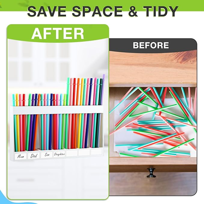 Acrylic Straw Holder for Cabinet Door with Double Sided Adhesive Tape Reusable Straw Organizer Tumbler Storage Kitchen Accessories Container for Counter Cupboard(Classic,Extra Large,White)