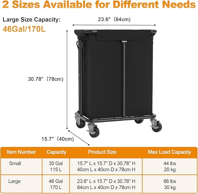 Laundry Basket with Wheels, Rolling Laundry Hamper, 46 Gallons (170L), Removable and Machine Washable Liner, Steel Frame, Large Laundry Cart for Laundry Room, Bedroom, Bathroom, Dorm - Black