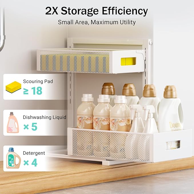 Under Sink Organizer Adjustable Height 2 Tier Bathroom Organizer Pull Out Cabinet Organer kitchen organizers and storage fridge organizers and storage,White,XL-1 Pack-NeatNest