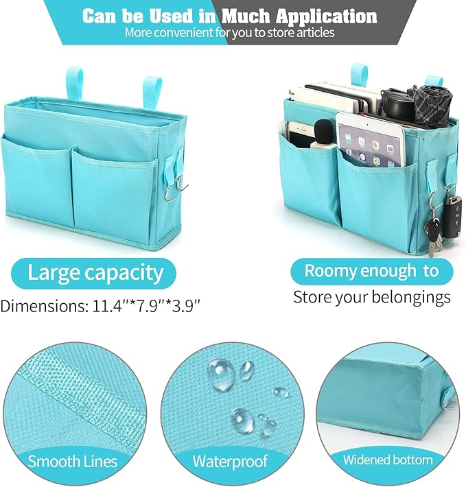 Bunk Bed Organizer, Bedside Caddy Hanging Bed Organizer Storage Bag with 4 Pockets and 2 Hooks, for College Dorm Rooms Bed, Hospital Bed, Baby Bed Rails, 600D Oxford Cloth (Light Blue)-NeatNest