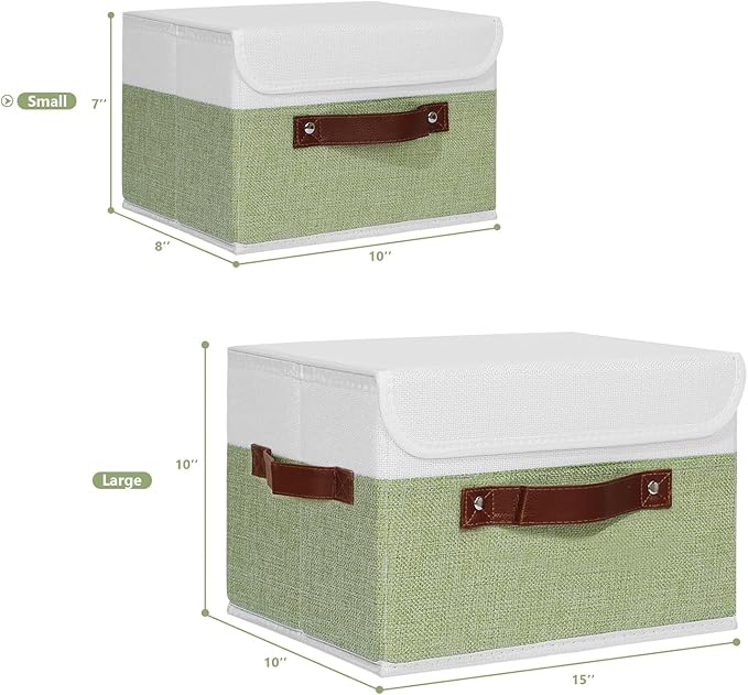 ANMINY 2PCS Storage Boxes with Lid Washable Decorative Storage Bins Basket with PU Leather Handle Foldable Linen Fabric Storage Cubes Containers for Home Closet Organizer - Green White, Small Size-NeatNest