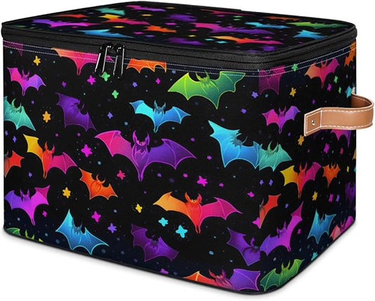 Halloween Bat Storage Bins with Lids, Colorful Bats Fabric Storage Boxes with Zipper, Collapsible Decorative Closet Organizer Cube for Clothes,Organizing, Shelves-NeatNest