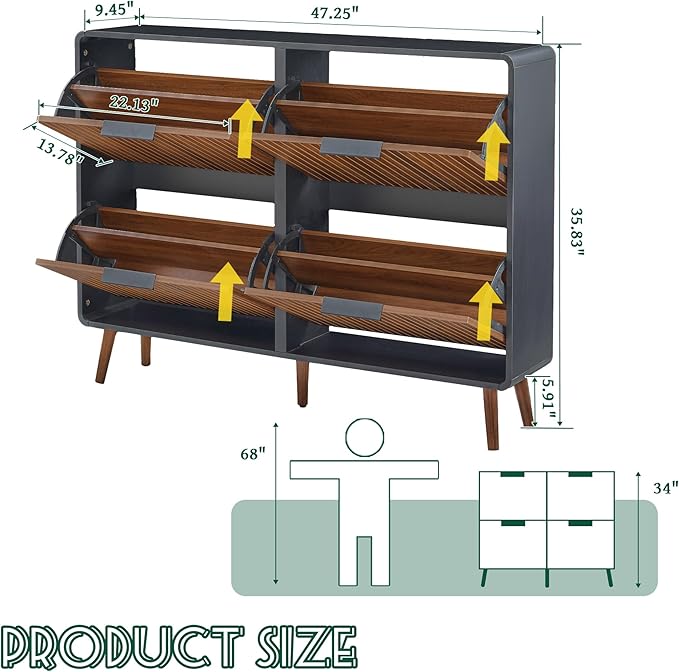 47" Fluted Large Shoe Cabinet with 4 Flip Drawers, Slim Freestanding Shoe Cabinet Organizer, Narrow Shoes Storage Rack for Entryway, 5 Sturdy Legs (Walnut and Black, 9.45" D x 47.24" W x 35.83" H)