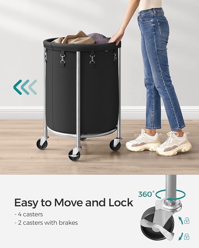 SONGMICS Laundry Basket with Wheels, Rolling Laundry Hamper, 29 Gal., Round Laundry Cart with Steel Frame and Removable Bag, 4 Casters and 2 Brakes, Black and Silver URLS002B01