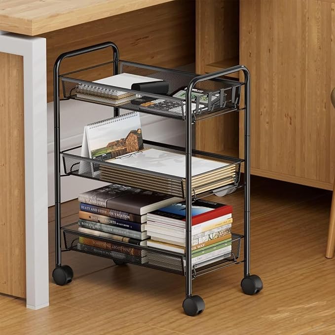 3 Tier Rolling Cart, Mesh Wire Utility Carts, Metal Storage Shelf with Wheels & 4 Side Hooks, for Laundry Room Organization, Kitchen, Living Room, Bathroom, Pantry, Dorm & Under Desk Storage