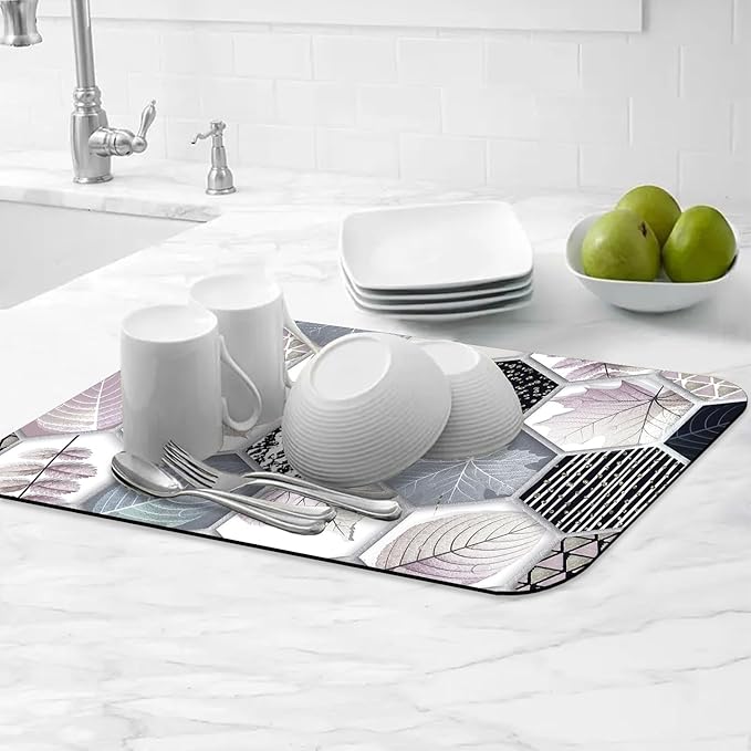 Hexagonal Printed Marble Dish Drying Mats Super Absorbent Dish Drainer Rack Pad Non-Slip Drying Mat for Kitchen Counter, 20"x12"