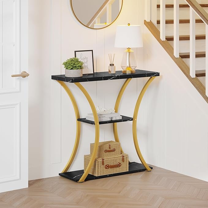 Hoctieon 3 Tier Console Table with Open Wood Shelves, Decorative Entryway Table with Curved Metal Frames, Narrow Sofa Table for Entrance, Living Room, Hallway, Gold and Black Marbled-NeatNest