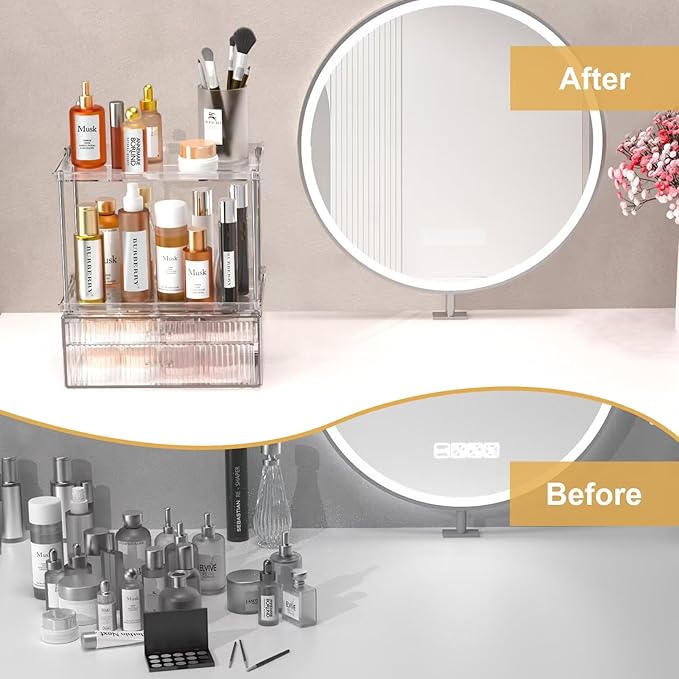 2-Tier 2-Drawer Bathroom Countertop Organizer : Large Multi-Purpose Makeup Vanity Organizer - Perfume & Skincare Storage Amber Clear-NeatNest
