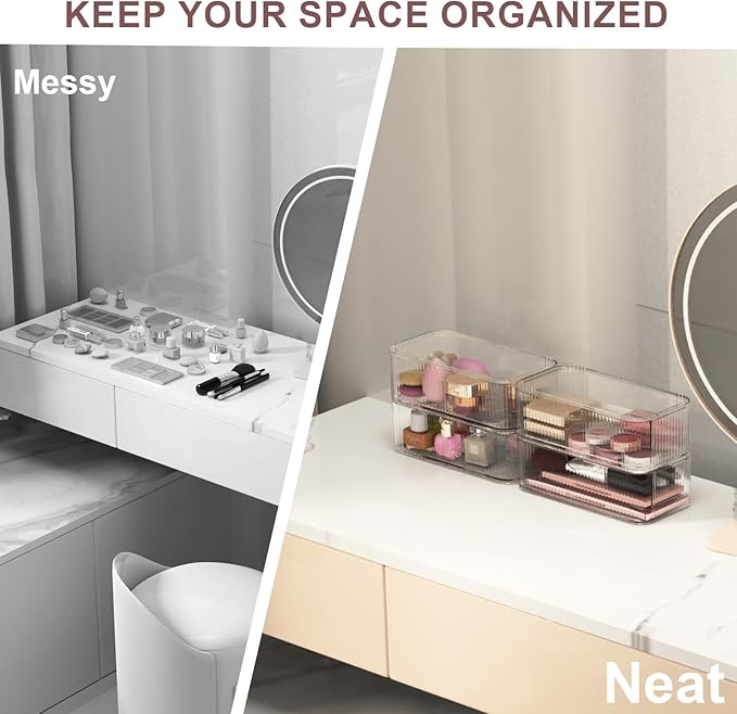 4 Pack Stackable Storage Drawers, Clear Acrylic Makeup Organizer for Vanity, Plastic Storage Bins, Multi-Purpose Cosmetic Display Organizers for Jewelry, Bathroom, Office, Pantry, Home Organization-NeatNest