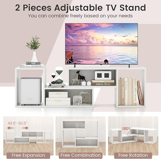 Giantex Bookshelf TV Stand for TVs up to 55", 2 Pieces Free-Combination Entertainment Center with Storage Cubes, Modern Media TV Console Table, Open Storage Bookcase for Living Room, Bedroom (White)-NeatNest