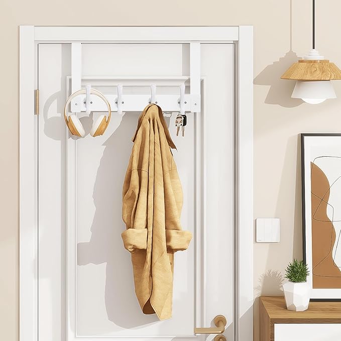 Homode Over The Door Hooks Heavy Duty, Wood Over Door Hanger Hook, Over Door Towel Rack with Coat Hooks for Hanging Towels Clothes Hats Bags, Back of Bathroom Door, White